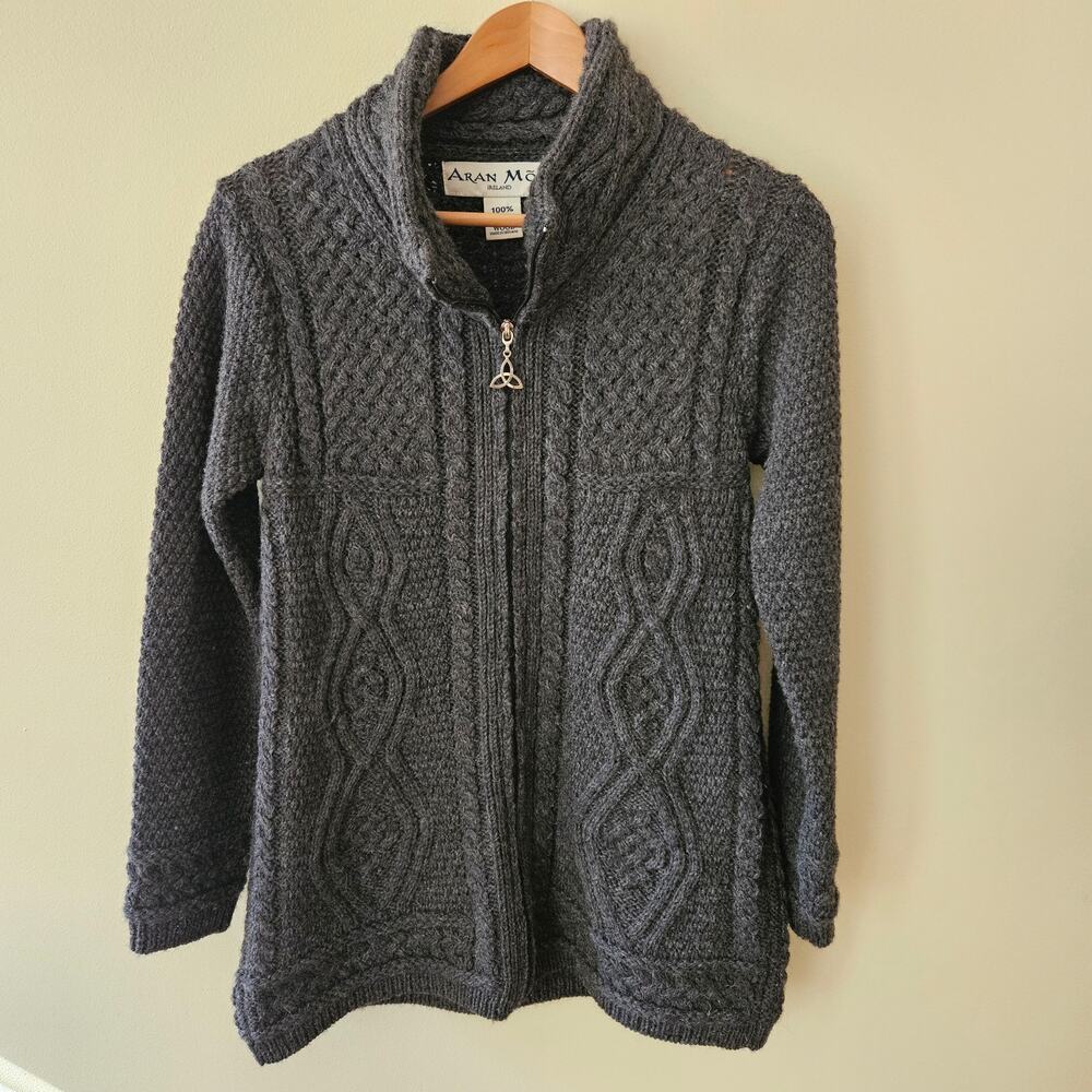 Aran Mor Ireland Women's Merino Wool Cable Knit Sweater Small Zipper Fisherman